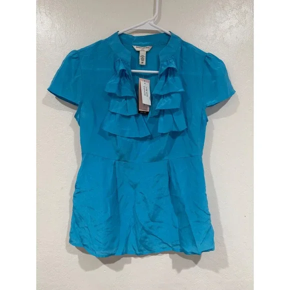Banana Republic Silk Ruffle Peplum Blouse Turquoise Blue Petite 0P - Picture 2 of 5